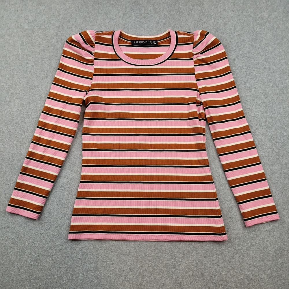 Veronica Beard Top Womens XS Pink Brown Striped Puff Sleeve Pima Cotton Ribbed